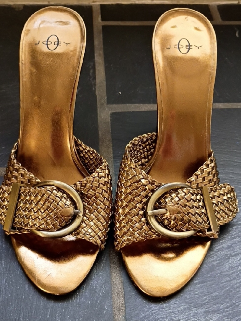 Joey O Metallic Gold Woven Slide Mules with Buckle | Size 7